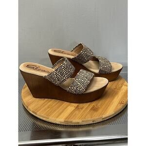 Sbicca Vintage Collection Sandals Women 10 Faux Wood Black Lighthouse Wedge